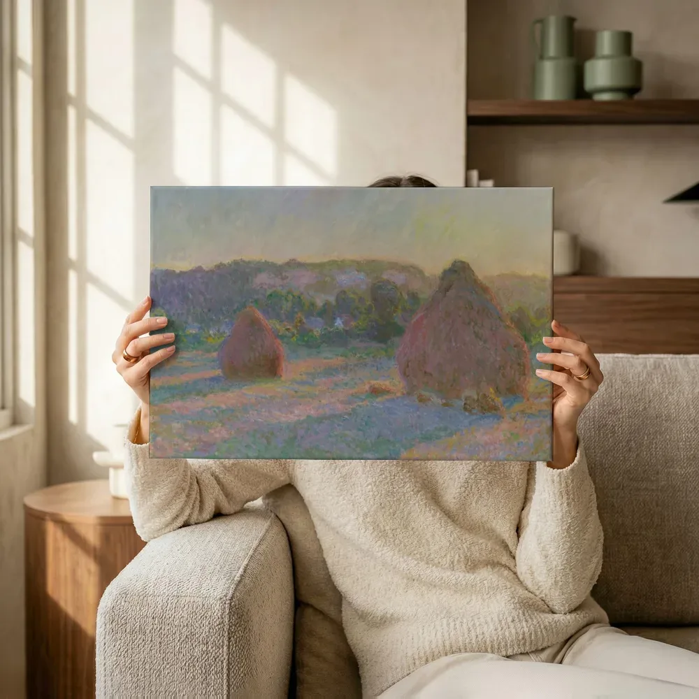 Sfeerimpressie: Korenmijten (einde van de zomer) van Claude Monet terwijl het omhoog wordt gehouden