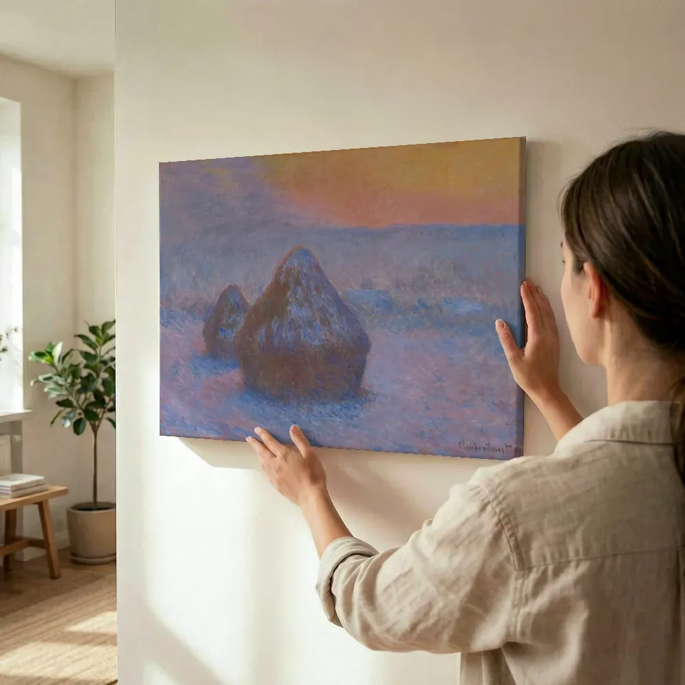 Sfeerimpressie: Korenmijten (zonsondergang, sneeuweffect) van Claude Monet terwijl het wordt opgehangen