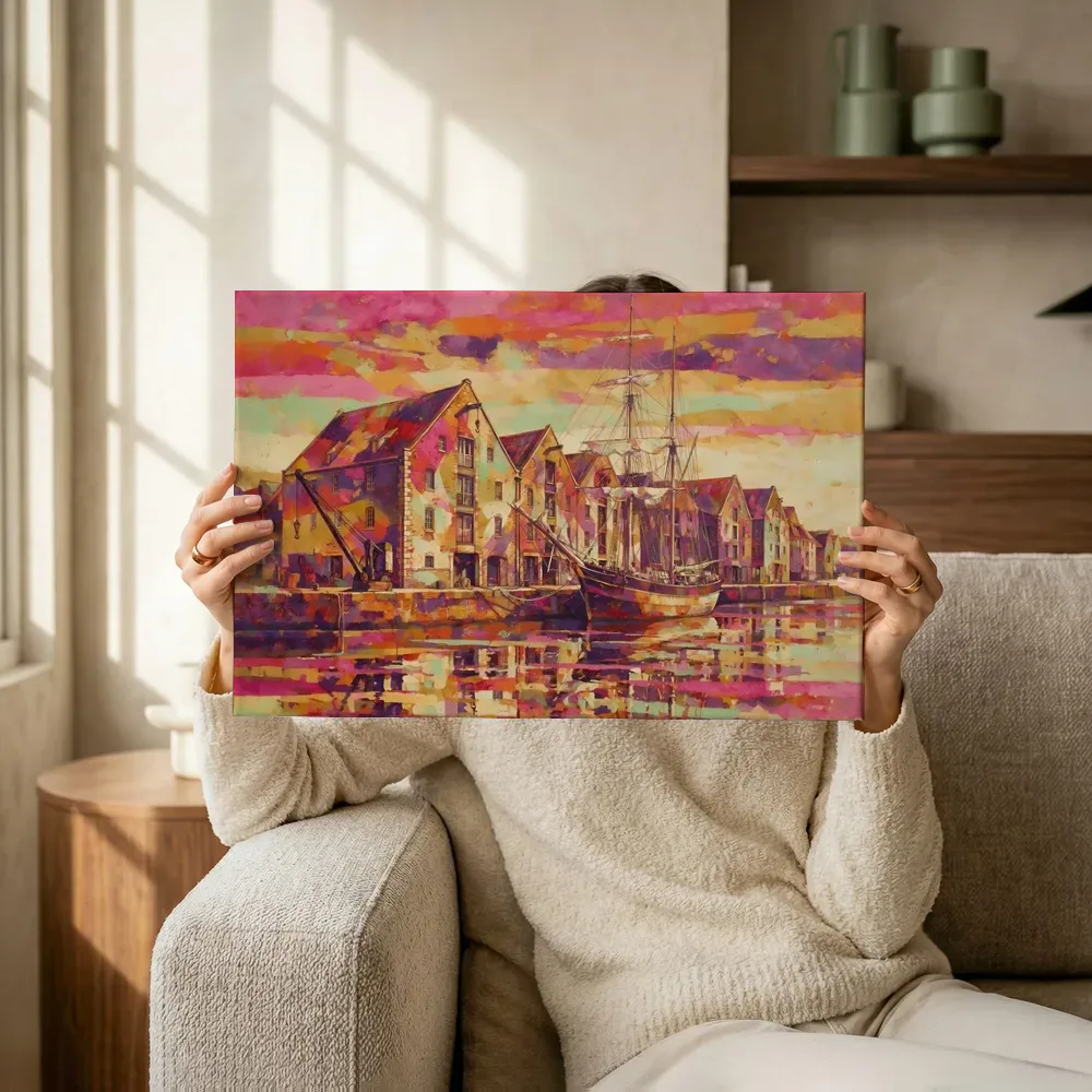 Sfeerimpressie: Stad haven in fel magenta met groen terwijl het omhoog wordt gehouden