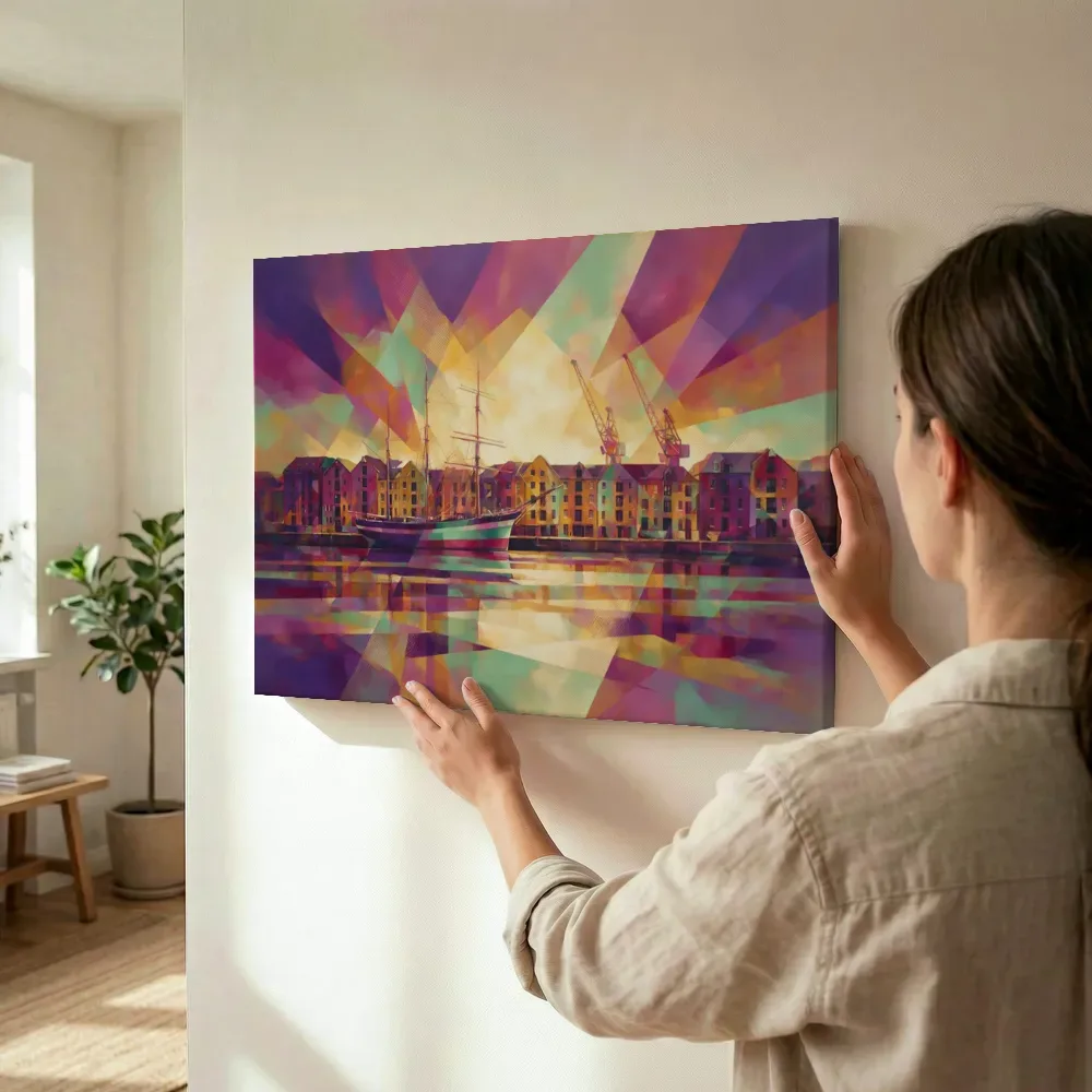 Sfeerimpressie: Stad haven in fel magenta terwijl het wordt opgehangen