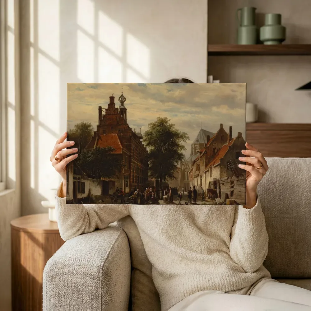 Sfeerimpressie: Stadhuis en markt te Naarden van Cornelis Springer terwijl het omhoog wordt gehouden