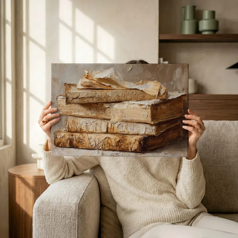 Sfeerimpressie: Stapel antieke boeken terwijl het omhoog wordt gehouden