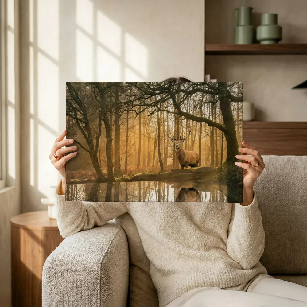 Sfeerimpressie: Statig hert in mistig winterbos terwijl het omhoog wordt gehouden