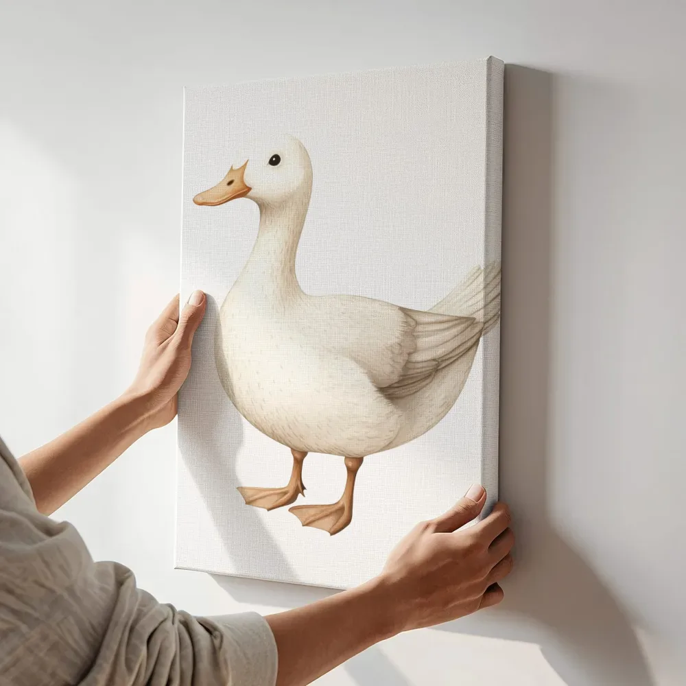 Sfeerimpressie: Statige witte eend terwijl het aan de muur wordt gehangen
