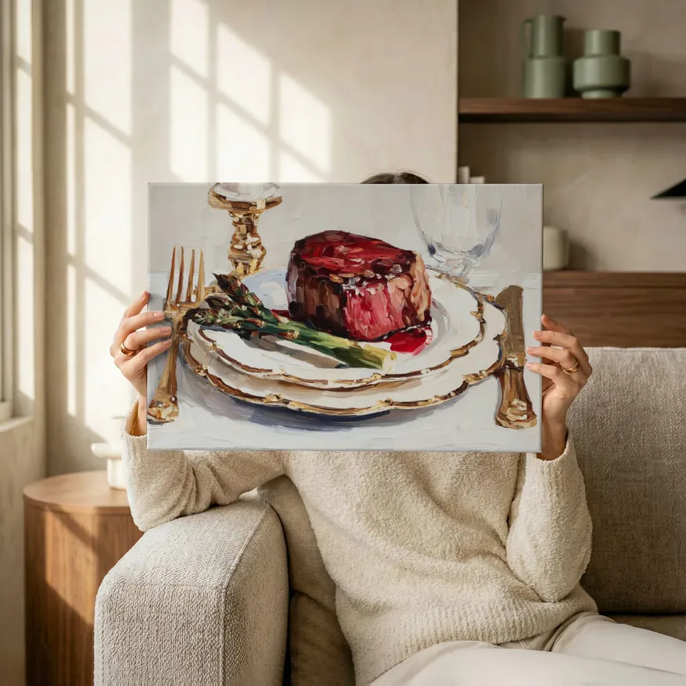 Sfeerimpressie: Steak met asperges terwijl het omhoog wordt gehouden