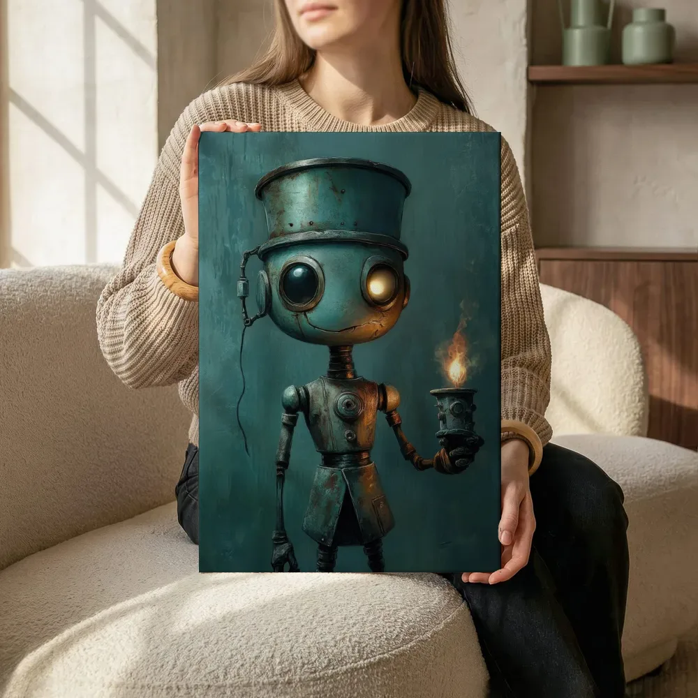 Sfeerimpressie: Steampunk robot met kaars terwijl het zittend wordt getoond
