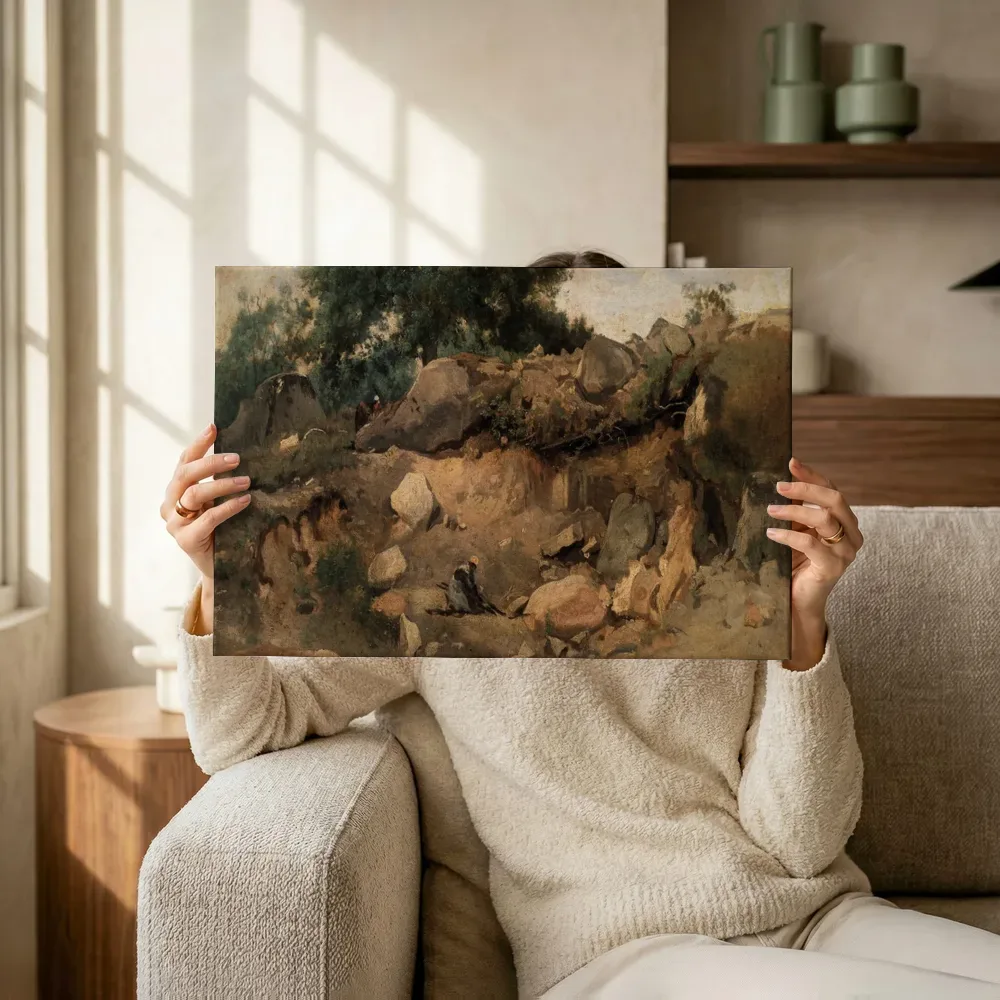 Sfeerimpressie: Steengroeve van Chaise-Marie in Fontainebleau van Jean-Baptiste-Camille Corot terwijl het omhoog wordt gehouden