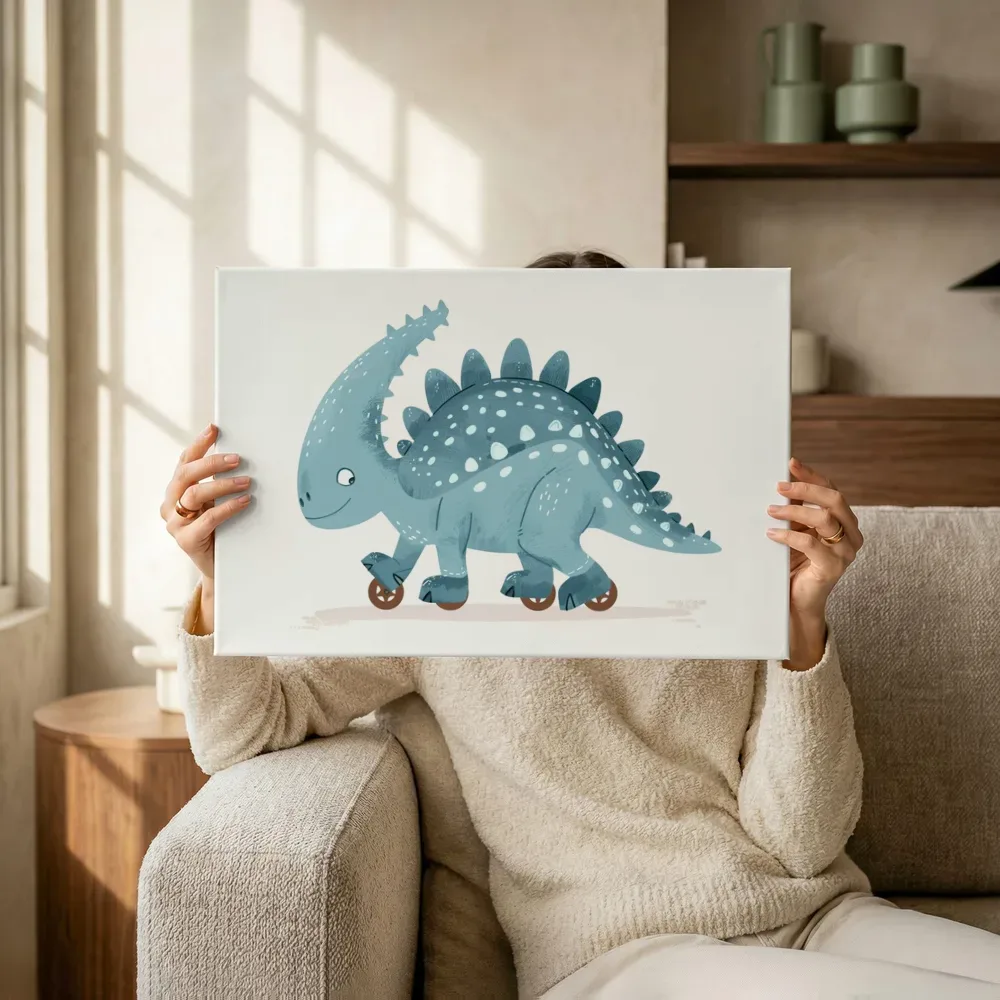 Sfeerimpressie: Stegosaurus op skeelers terwijl het omhoog wordt gehouden