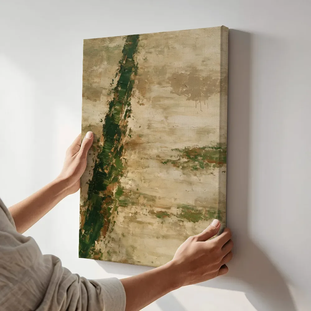 Sfeerimpressie: Steile Diagonaal Meswerk in Aardetinten terwijl het aan de muur wordt gehangen