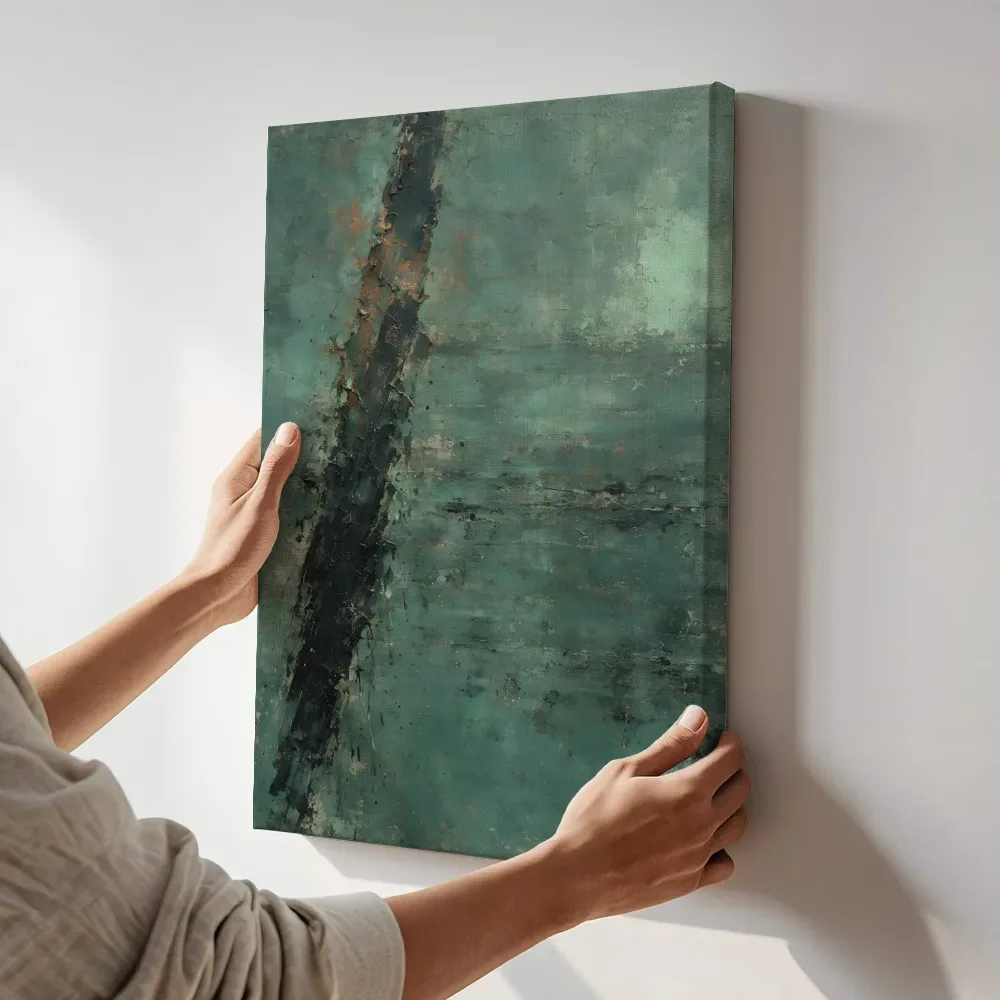 Sfeerimpressie: Steile Diagonaal Meswerk in Koper en Patina terwijl het aan de muur wordt gehangen