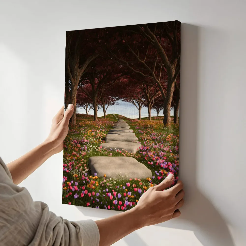Sfeerimpressie: Stenen pad door tulpenveld en boomgang terwijl het aan de muur wordt gehangen