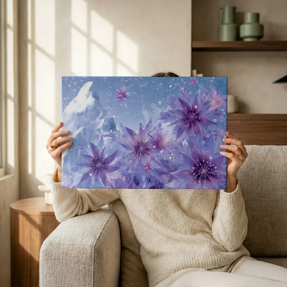 Sfeerimpressie: Sterbloemen bij de besneeuwde berg terwijl het wordt opgehangen
