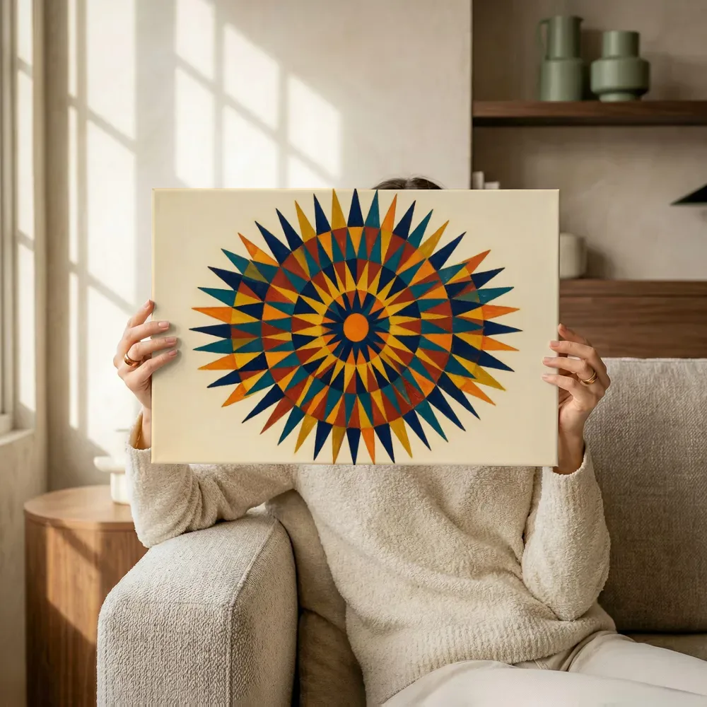 Sfeerimpressie: Sterburst-mandala Modern Bauhaus 15 terwijl het omhoog wordt gehouden