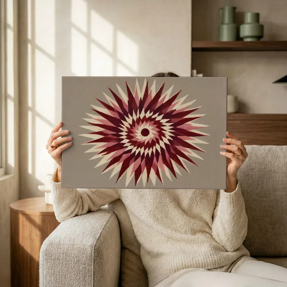 Sfeerimpressie: Sterburst-mandala Modern Bauhaus in bordeaux terwijl het omhoog wordt gehouden