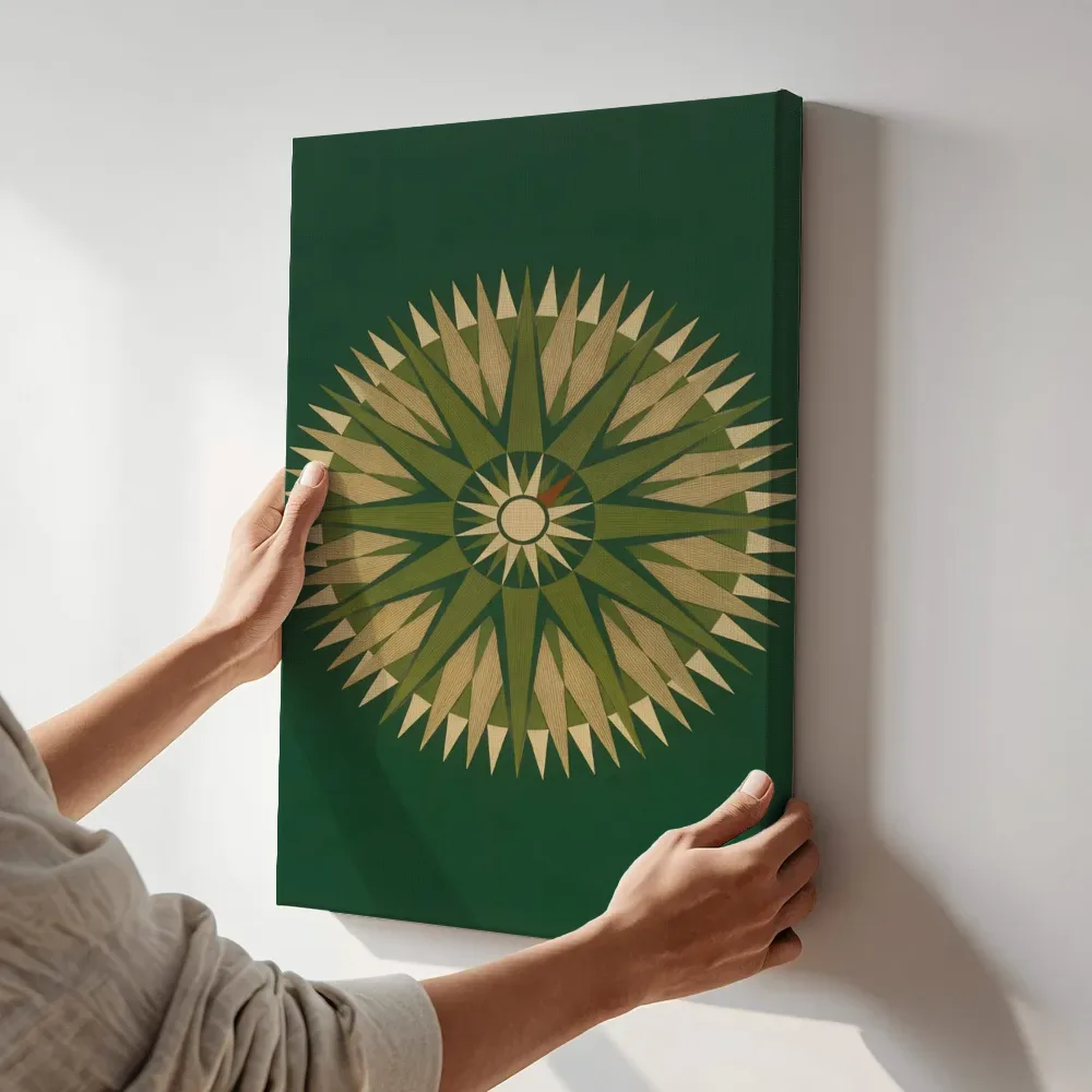 Sfeerimpressie: Sterburst-mandala Modern Bauhaus in olijfgroen 2 terwijl het aan de muur wordt gehangen