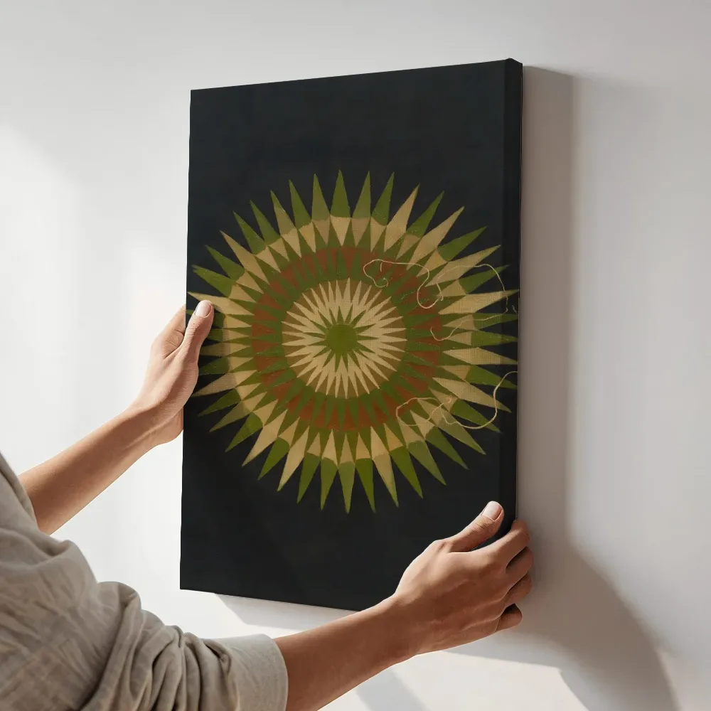 Sfeerimpressie: Sterburst-mandala Modern Bauhaus in olijfgroen 3 terwijl het aan de muur wordt gehangen