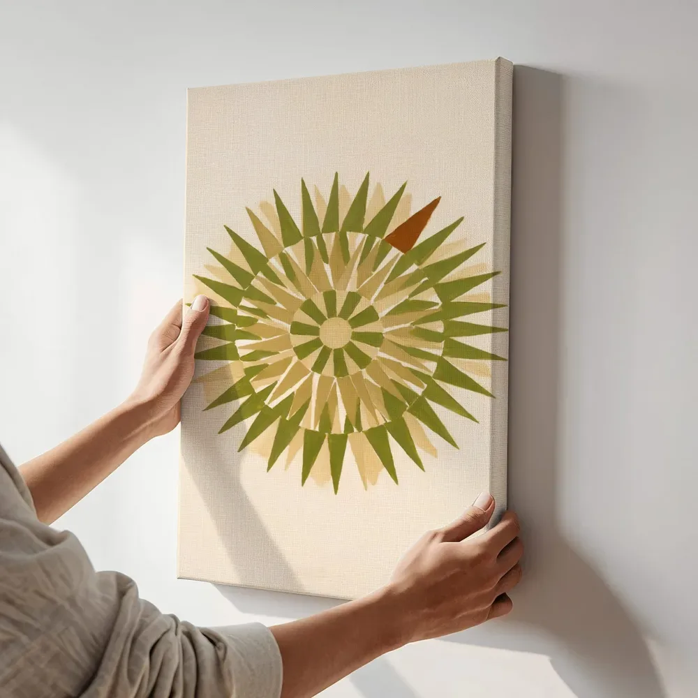 Sfeerimpressie: Sterburst-mandala Modern Bauhaus in olijfgroen 4 terwijl het aan de muur wordt gehangen