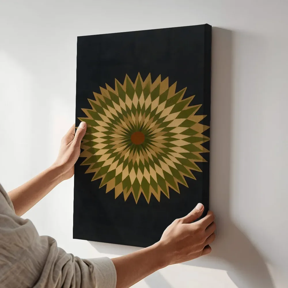 Sfeerimpressie: Sterburst-mandala Modern Bauhaus in olijfgroen terwijl het aan de muur wordt gehangen