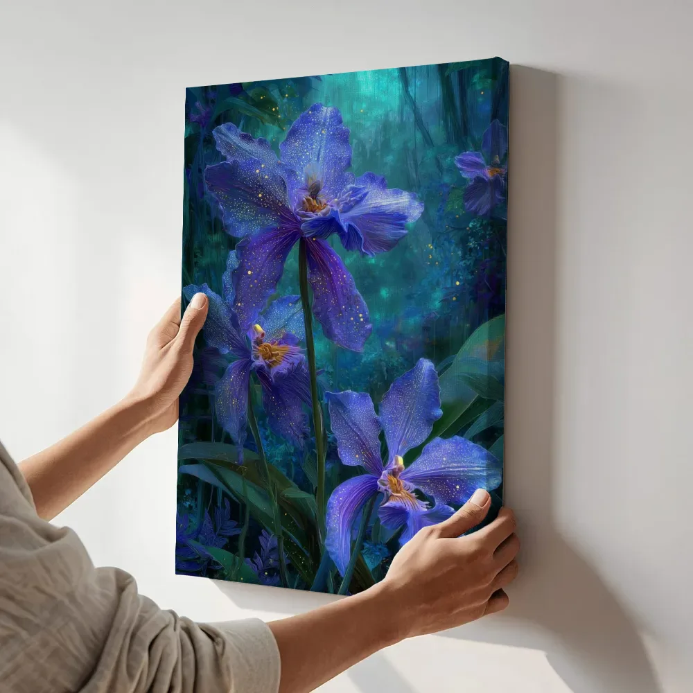 Sfeerimpressie: Sterrenstof iris in het nachtelijk woud terwijl het aan de muur wordt gehangen
