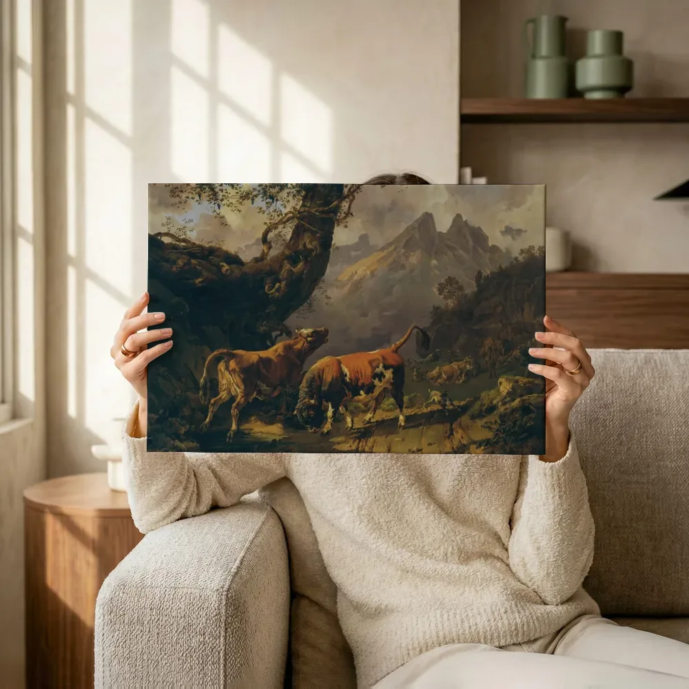 Sfeerimpressie: Stier die een koe achtervolgt, met het landschap bij Carrara van Johann Nepomuk Rauch terwijl het omhoog wordt gehouden
