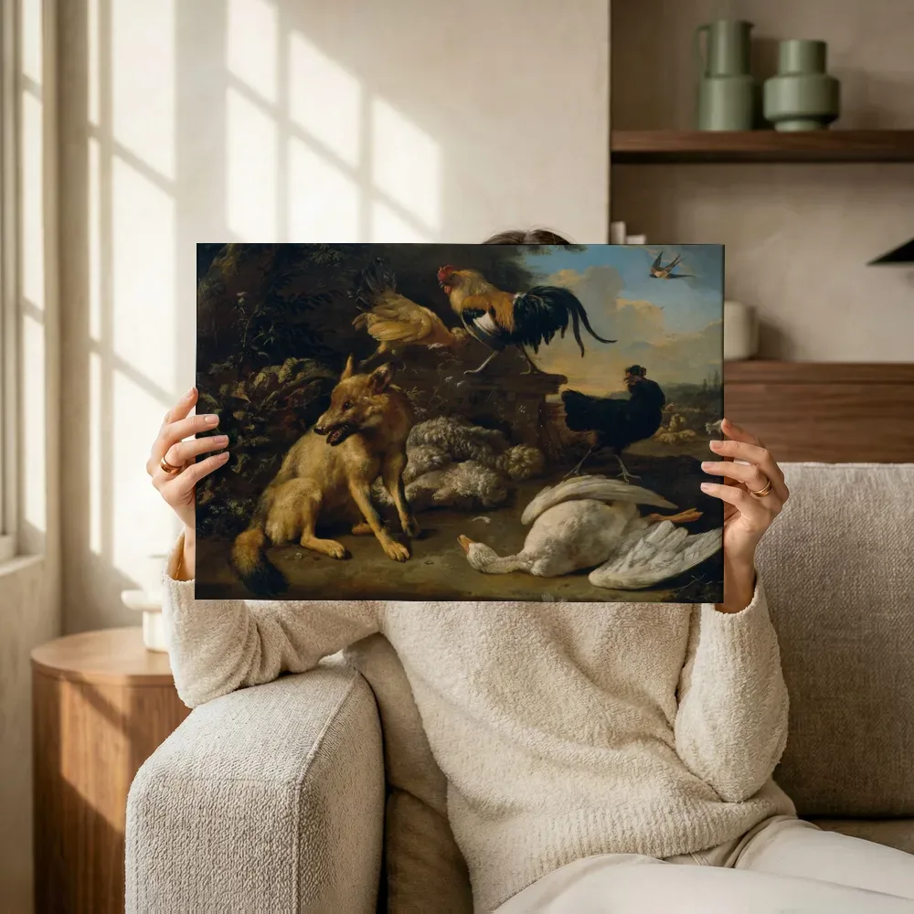 Sfeerimpressie: Stilleven met dieren van Melchior d'Hondecoeter terwijl het omhoog wordt gehouden