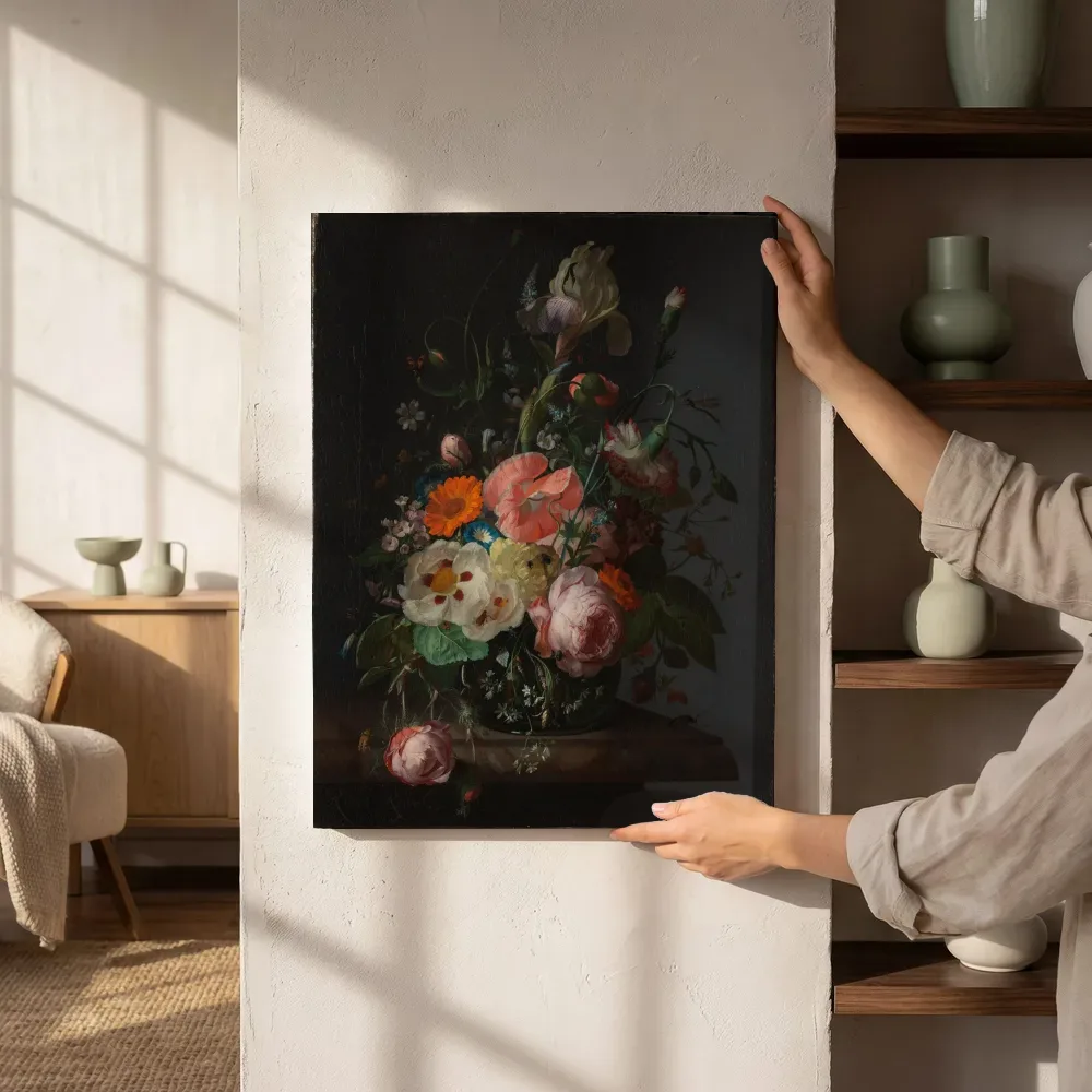 Sfeerimpressie: Stilleven met bloemen op een marmeren tafelblad van Rachel Ruysch naast de kast