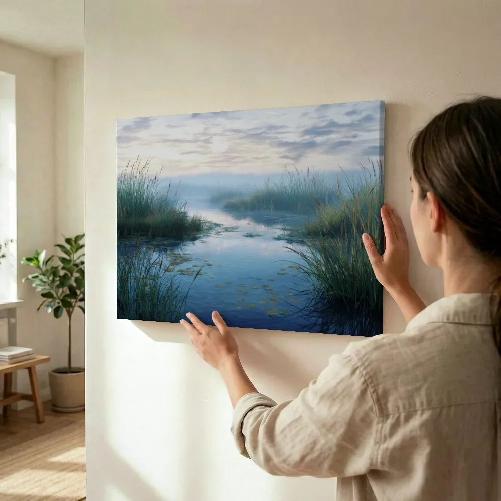 Sfeerimpressie: Stille vijver met waterlelies in de schemering terwijl het wordt opgehangen