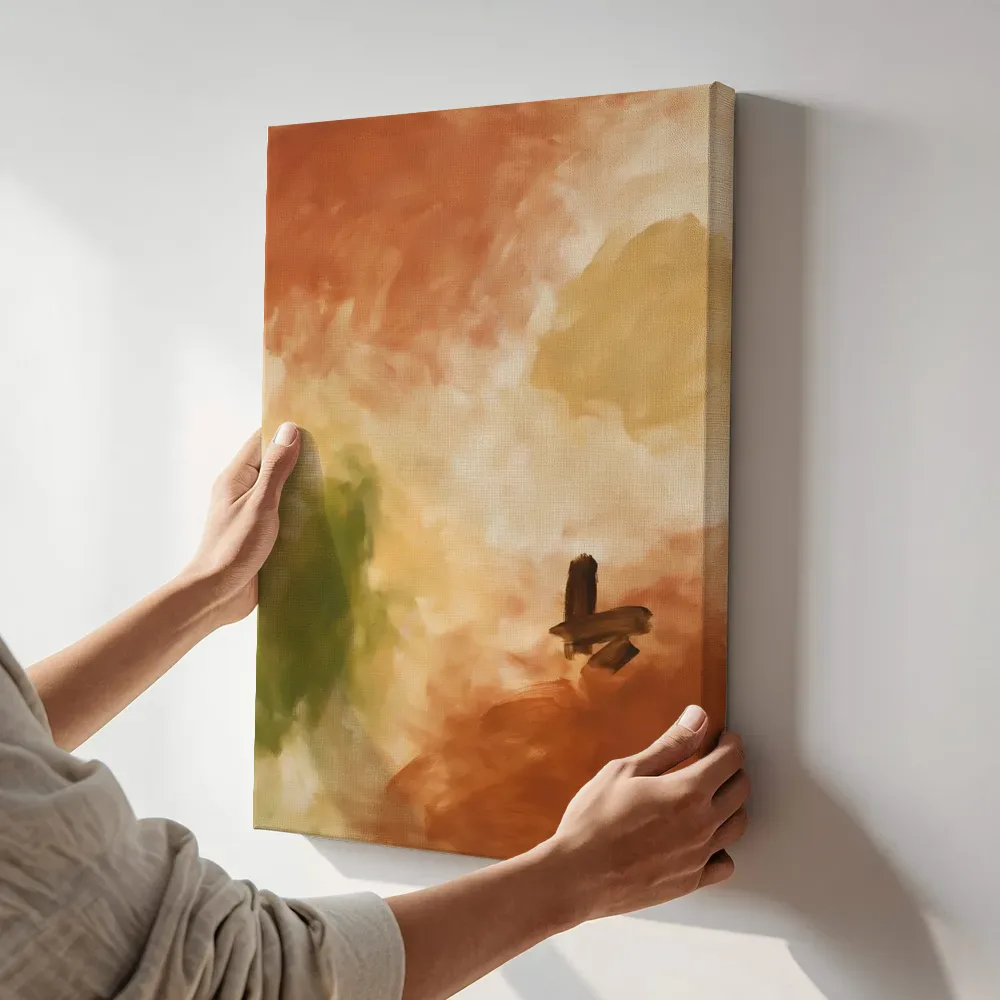 Sfeerimpressie: Stille wassing met terracotta accent terwijl het aan de muur wordt gehangen