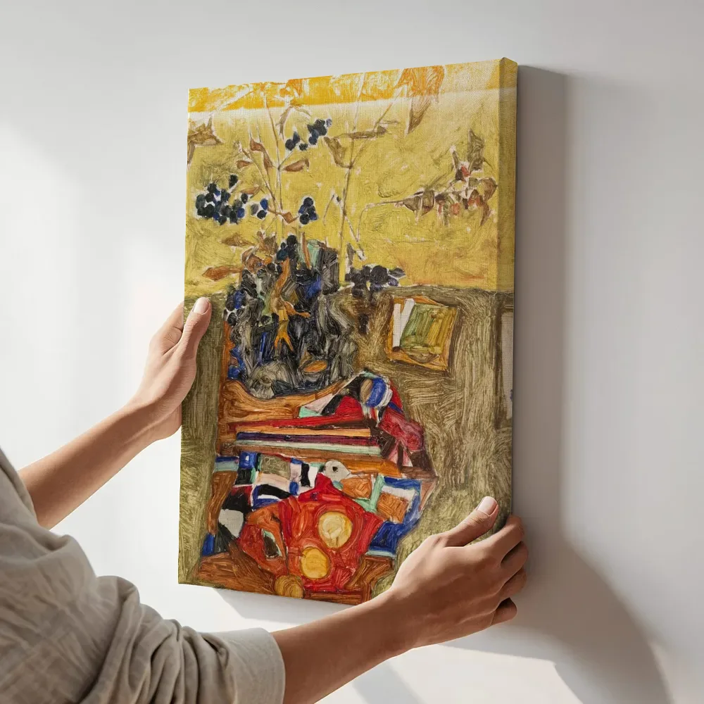 Sfeerimpressie: Stilleven met bloemen van Egon Schiele terwijl het aan de muur wordt gehangen