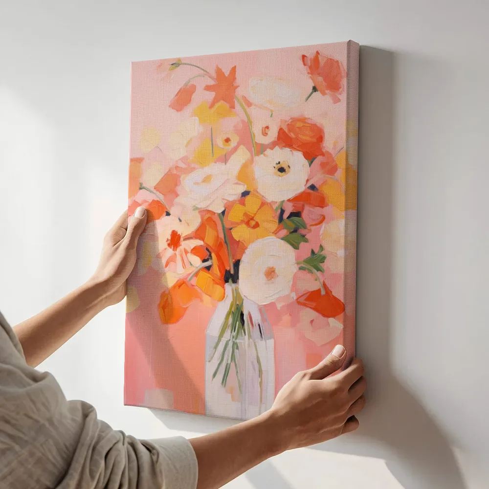 Sfeerimpressie: Stilleven boeket in oranje en geel terwijl het aan de muur wordt gehangen