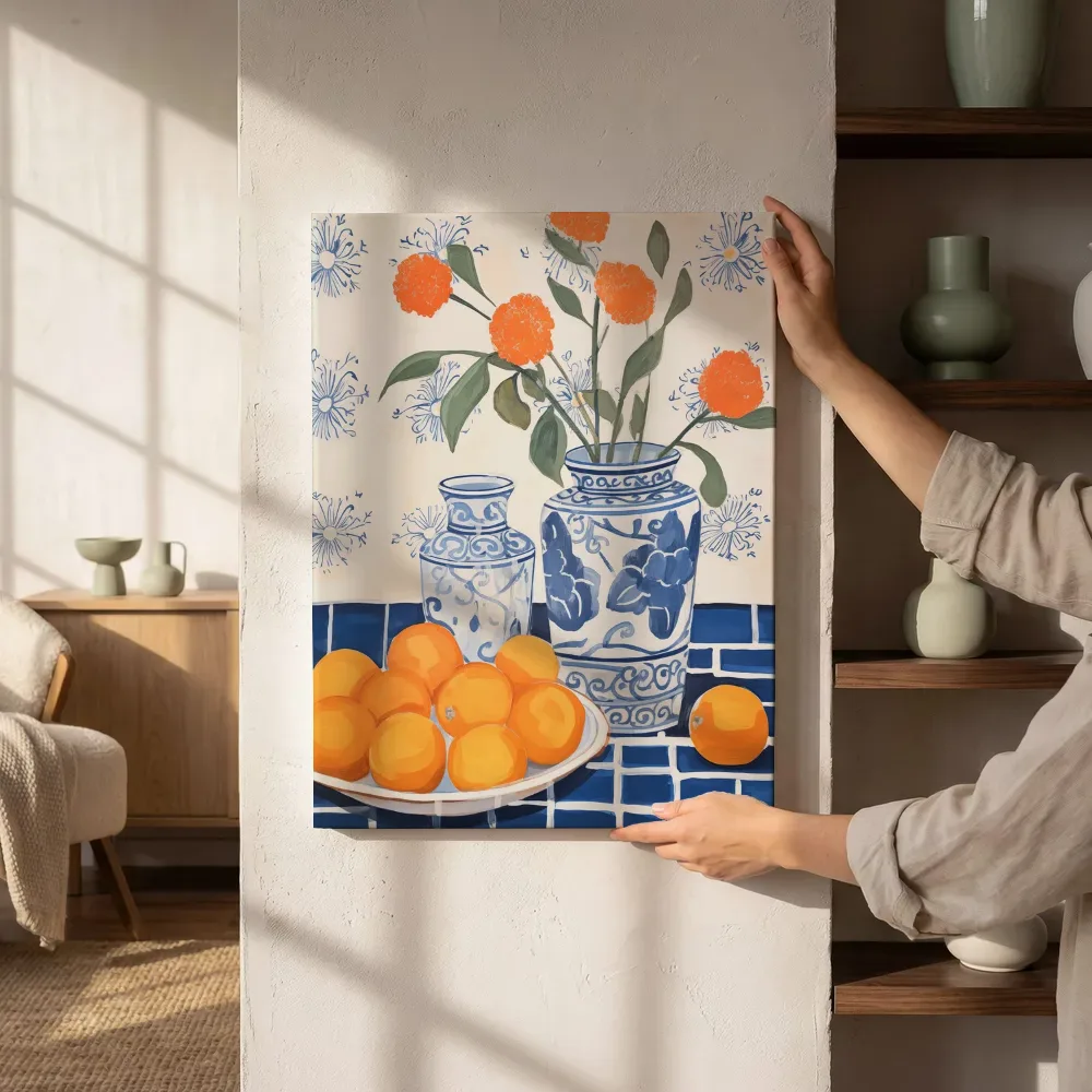 Sfeerimpressie: Stilleven goudsbloemen met sinaasappels naast de kast