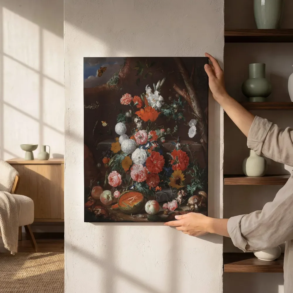 Sfeerimpressie: Stilleven met bloemen en fruit op een stenen sokkel in een tuin van Cornelis de Heem naast de kast