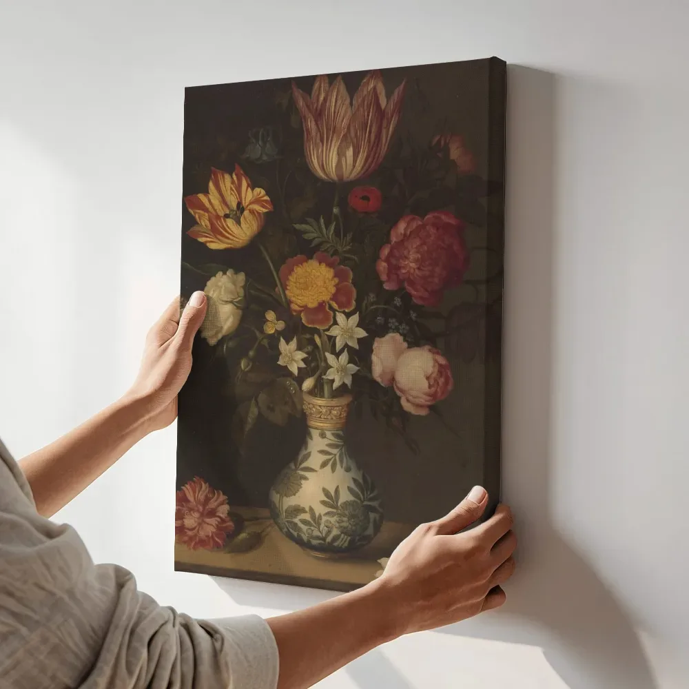 Sfeerimpressie: Stilleven met bloemen in een Wan Li vaas van Ambrosius Bosschaert terwijl het aan de muur wordt gehangen
