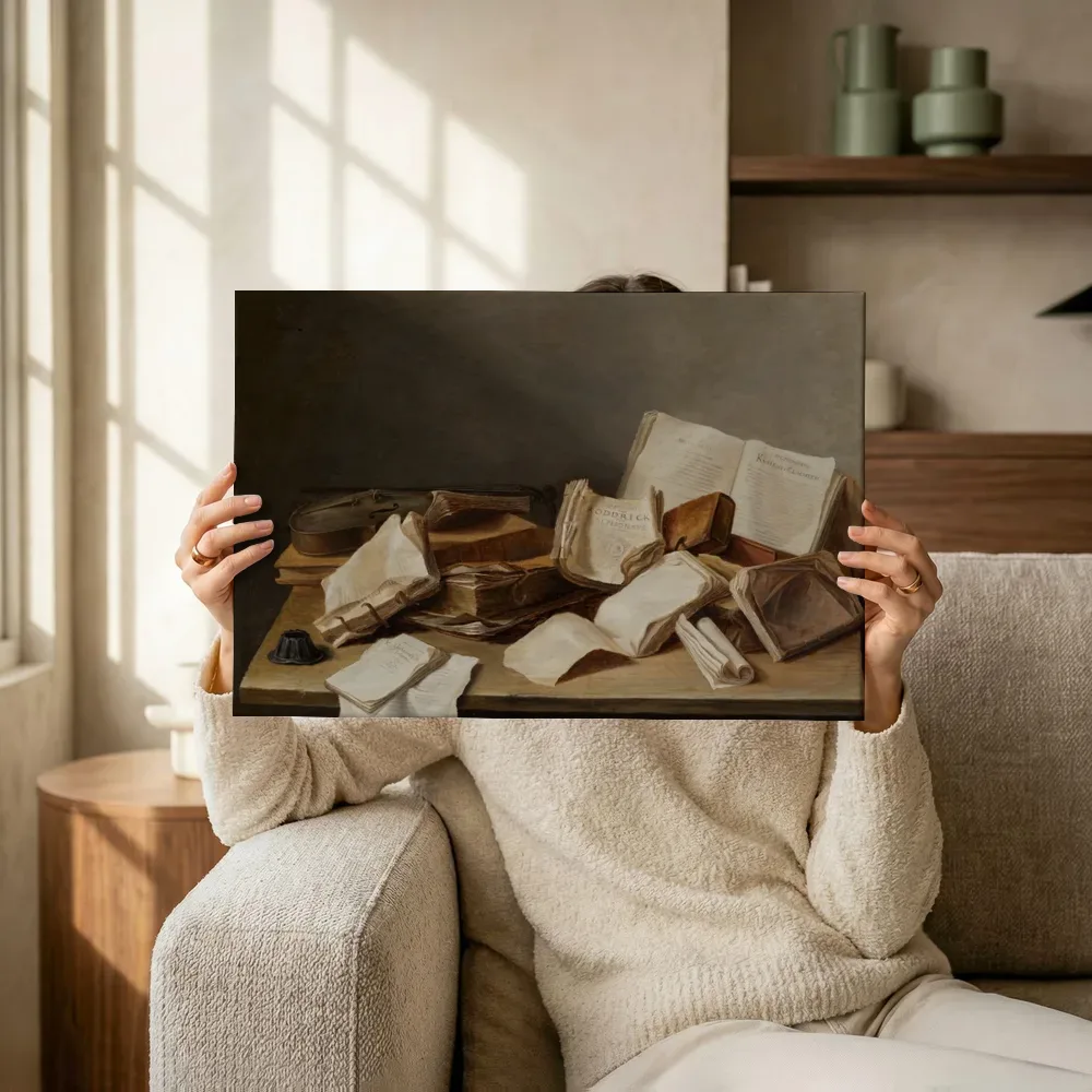 Sfeerimpressie: Stilleven met boeken van Jan Davidsz. de Heem terwijl het omhoog wordt gehouden