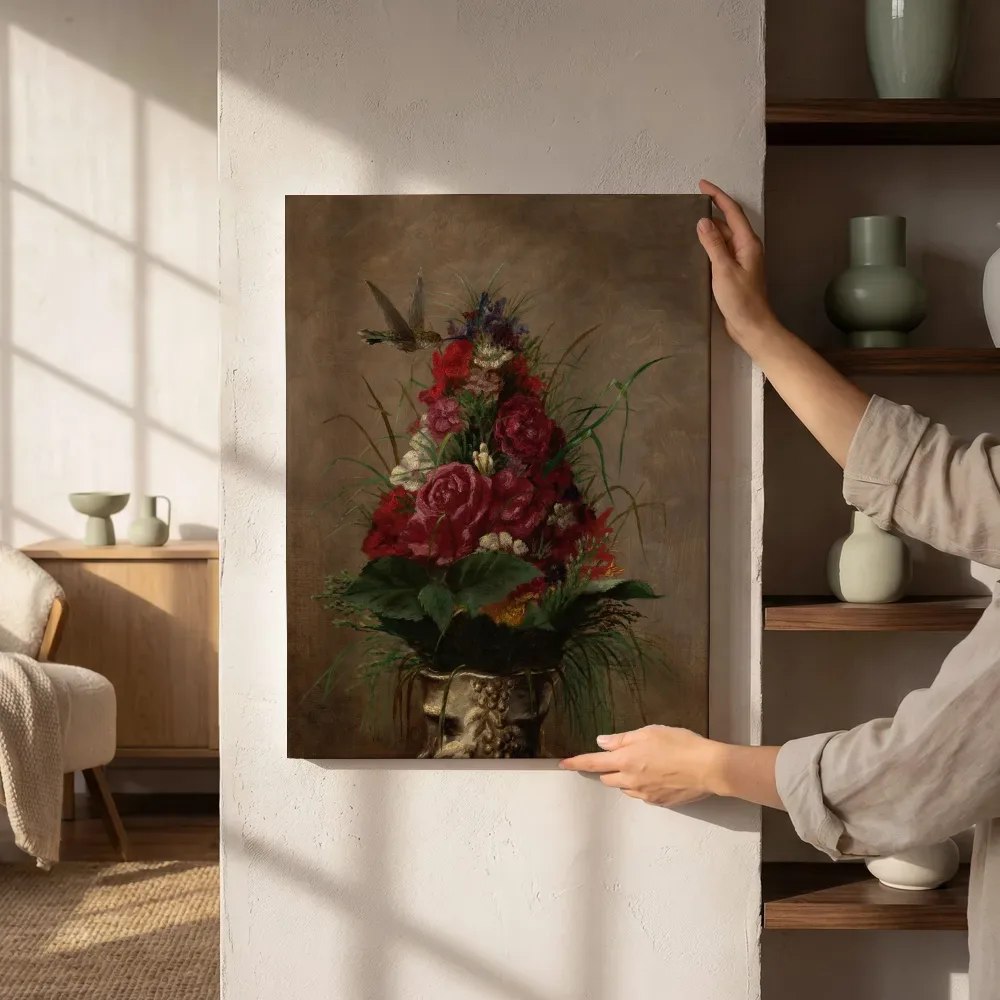 Sfeerimpressie: Stilleven met een kolibrie van William Merritt Chase naast de kast