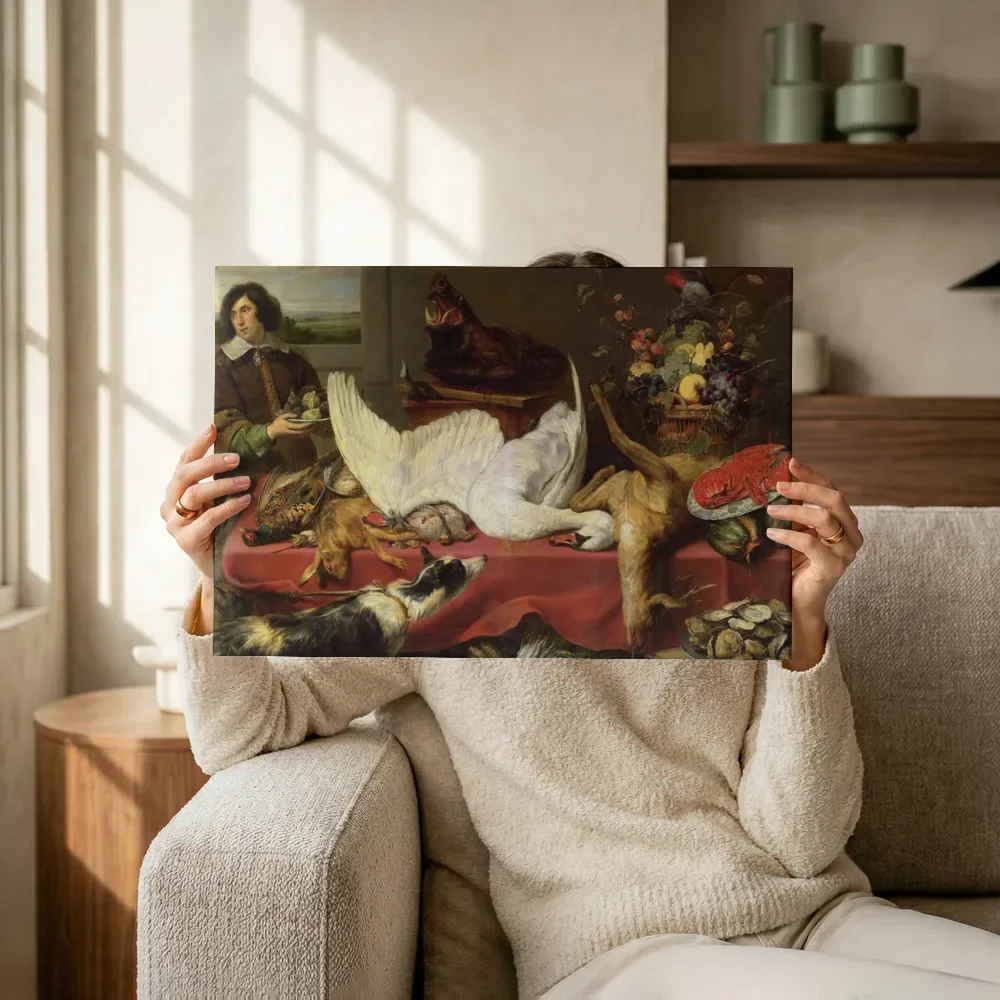 Sfeerimpressie: Stilleven met een zwaan van Frans Snyders terwijl het omhoog wordt gehouden