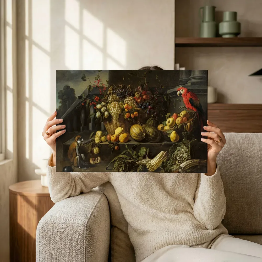 Sfeerimpressie: Stilleven met fruit, groenten, een aap en een papegaai in een tuin van Adriaen van Utrecht terwijl het omhoog wordt gehouden