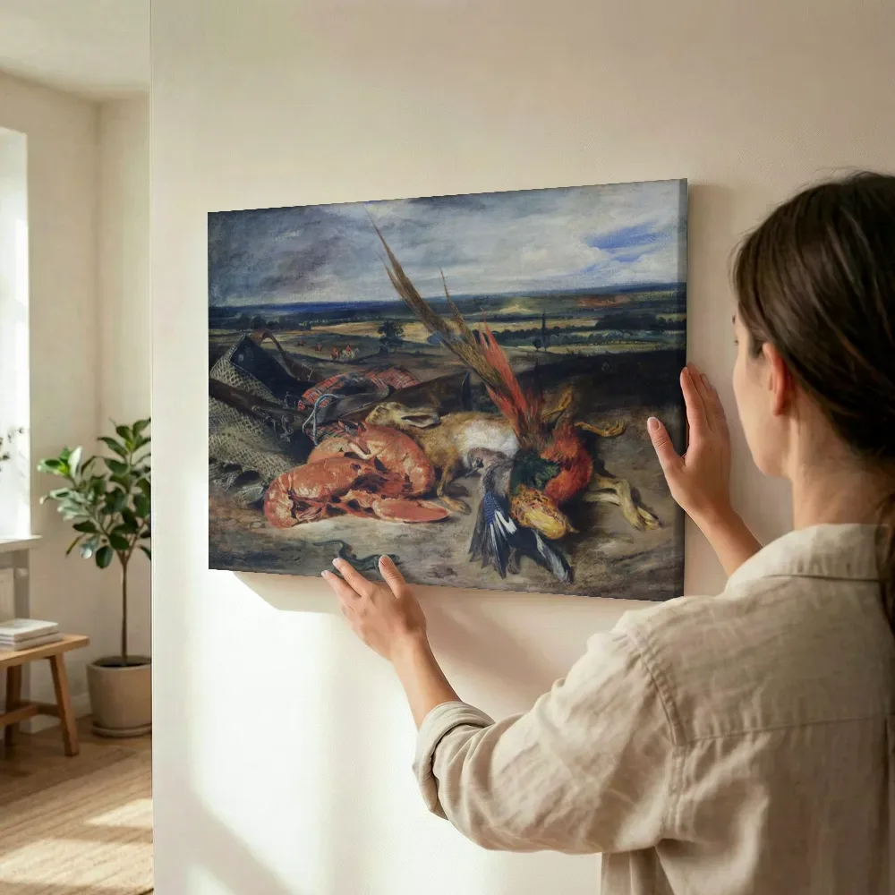 Sfeerimpressie: Stilleven met kreeft en jacht- en visbuit van Eugène Delacroix terwijl het wordt opgehangen