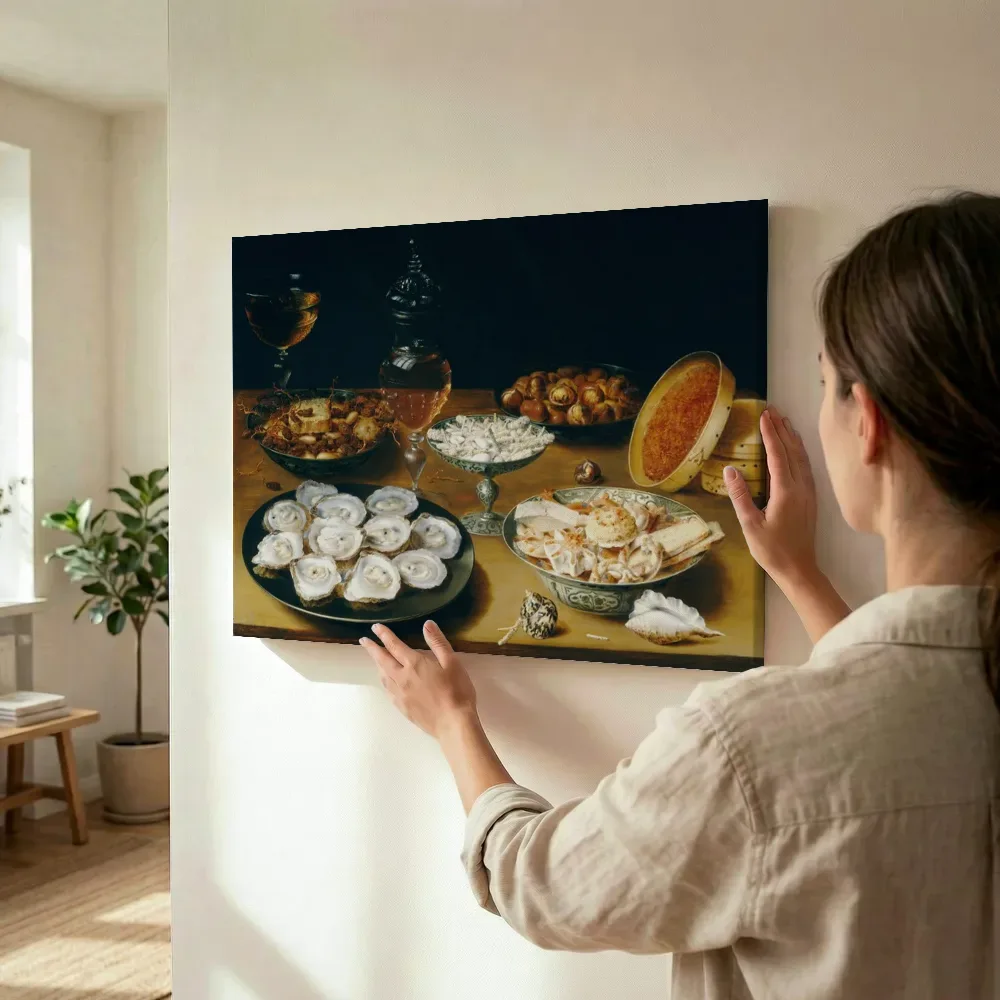 Sfeerimpressie: Stilleven met oesters, porseleinen schaal met koekjes, tazza, schelpen en glaswerk van Osias Beert terwijl het wordt opgehangen