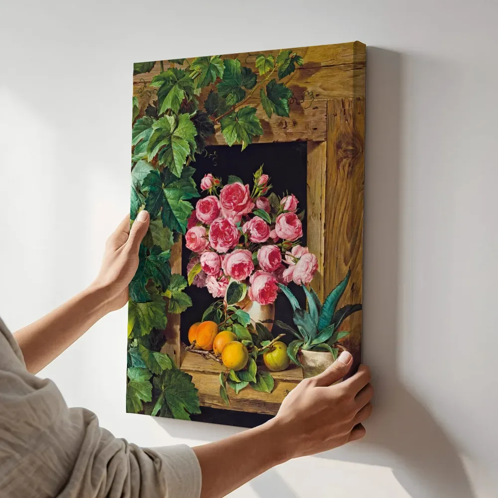Sfeerimpressie: Stilleven met rozen en abrikozen van Ferdinand Küss (Wien 1800 - 1886 Pörtschach) terwijl het aan de muur wordt gehangen