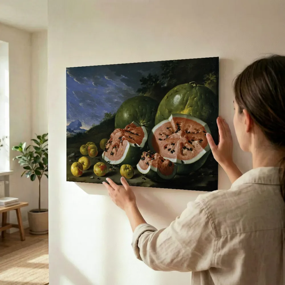 Sfeerimpressie: Stilleven met watermeloenen en appels in een landschap van onbekend terwijl het wordt opgehangen