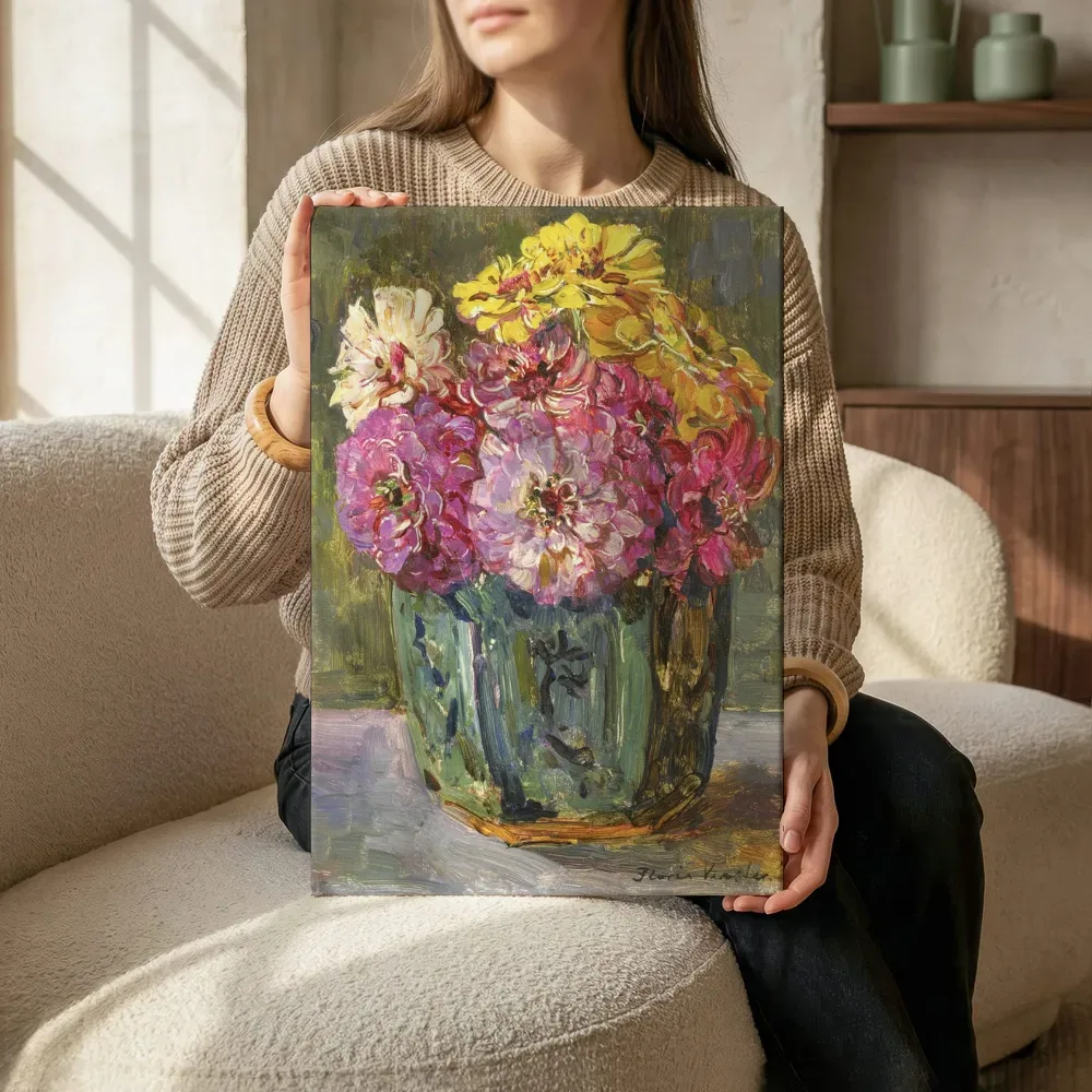 Sfeerimpressie: Stilleven met zinnia's in een gemberpot van Floris Verster terwijl het zittend wordt getoond