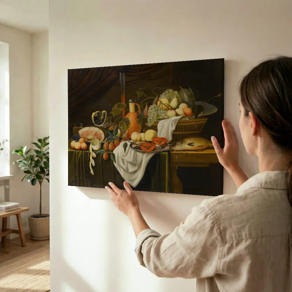 Sfeerimpressie: Stilleven op een gedrapeerde tafel van Gilliam Dandoy terwijl het wordt opgehangen
