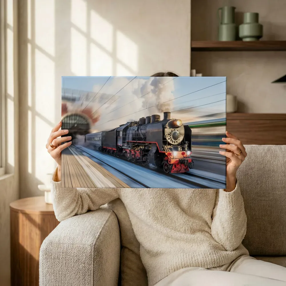 Sfeerimpressie: Stoomtrein in volle vaart terwijl het omhoog wordt gehouden