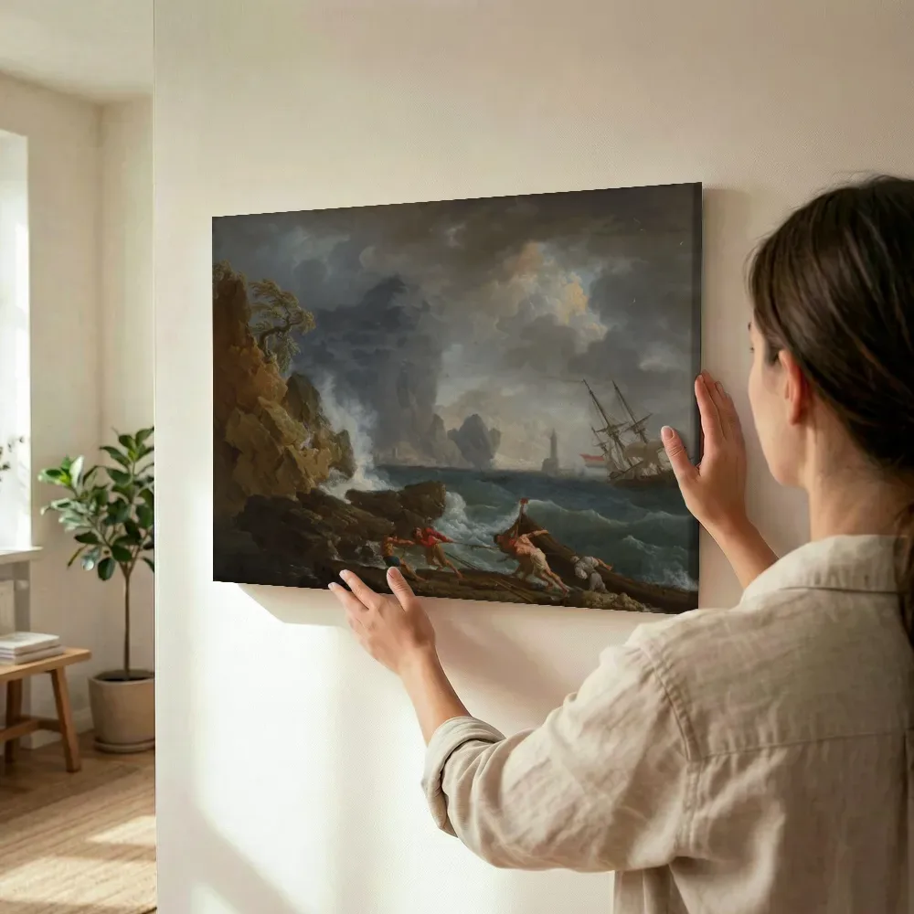 Sfeerimpressie: Stormachtige zee voor een Italiaanse haven van Joseph Vernet terwijl het wordt opgehangen