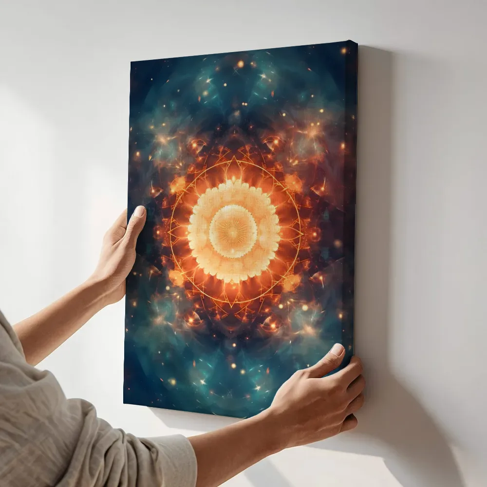 Sfeerimpressie: Stralende gouden mandala terwijl het aan de muur wordt gehangen
