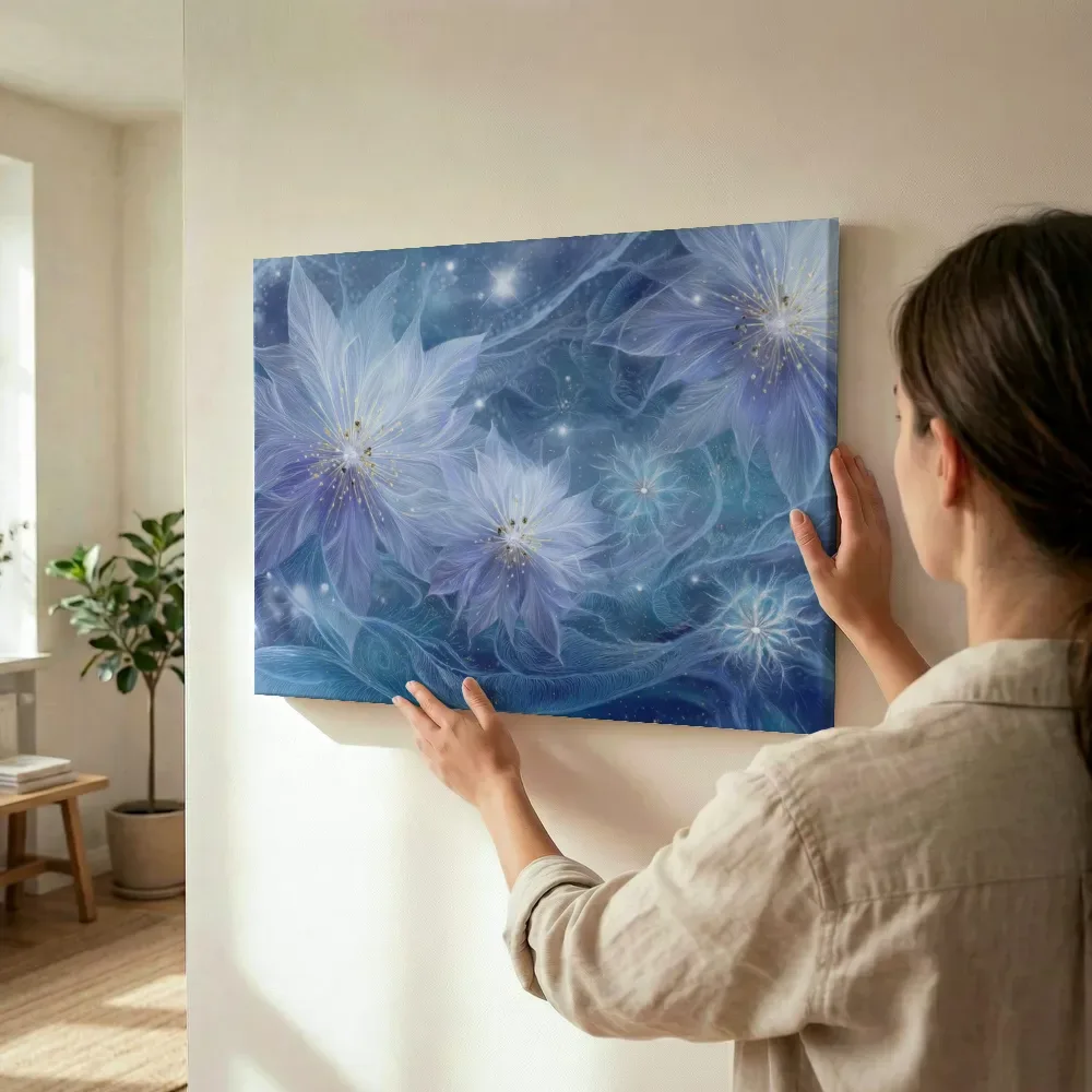 Sfeerimpressie: Stralende nachtbloemen in blauw terwijl het wordt opgehangen