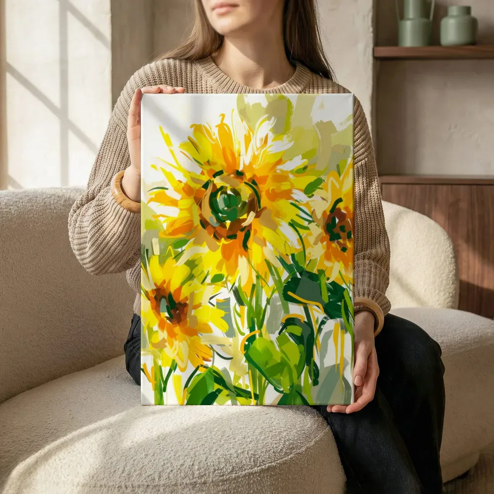 Sfeerimpressie: Stralende zonnebloemen in losse verfstreken terwijl het zittend wordt getoond