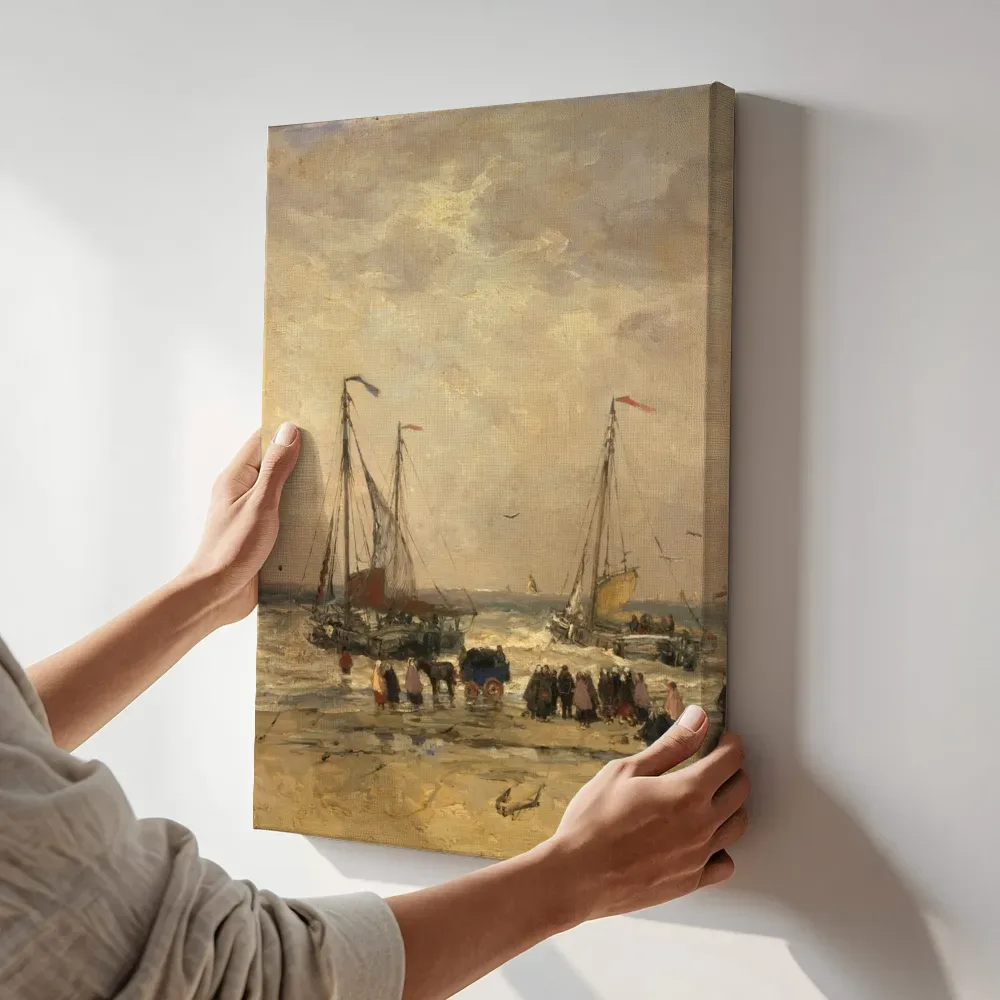 Sfeerimpressie: Strandgezicht van Hendrik Willem Mesdag terwijl het aan de muur wordt gehangen