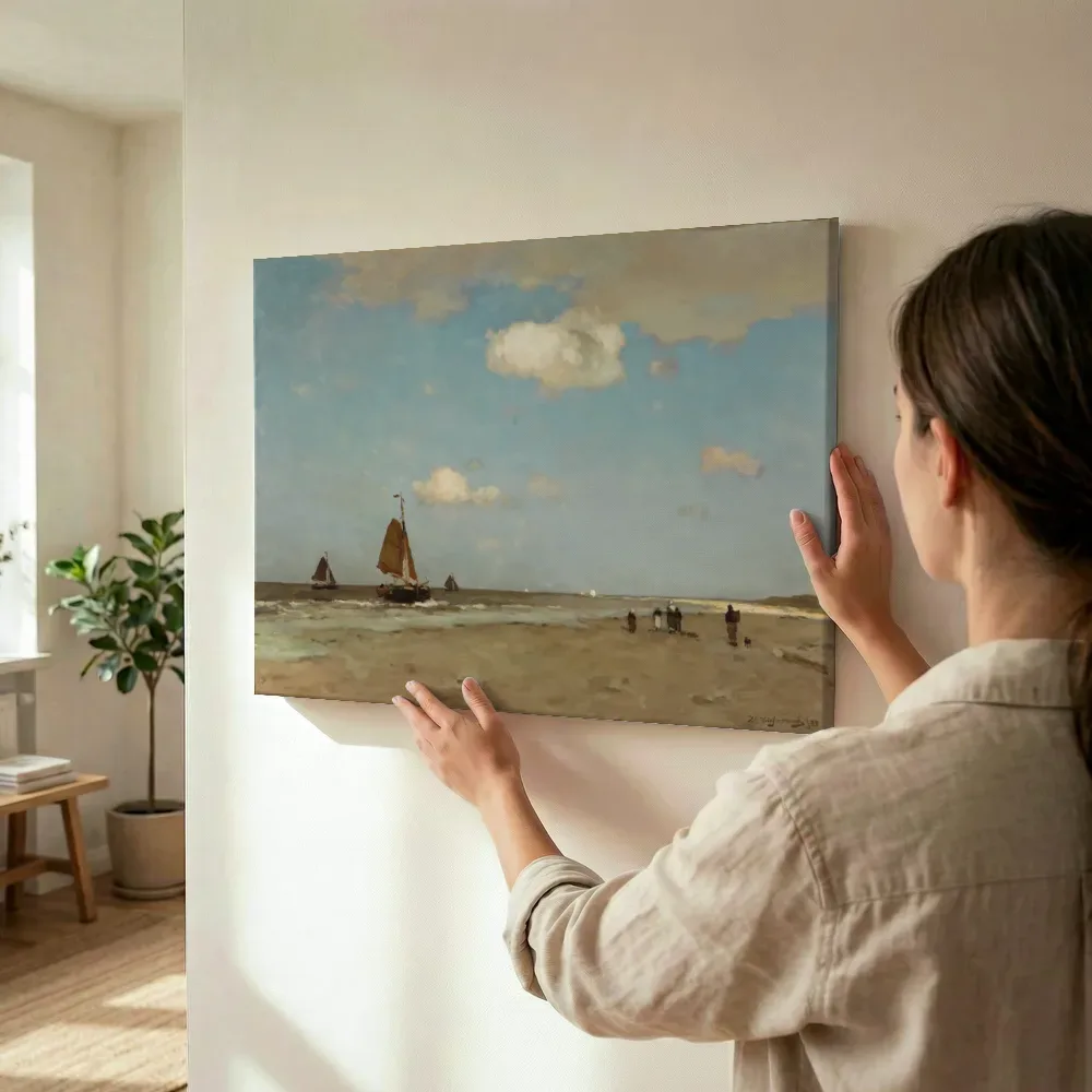 Sfeerimpressie: Strandgezicht van Jan Hendrik Weissenbruch terwijl het wordt opgehangen